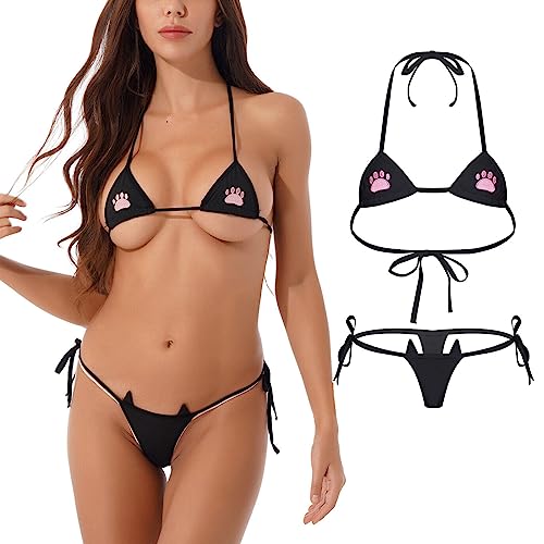 Women Micro Bikini Cute Cat Paw Embroidery Kawaii Swimsuit Japanese Anime Lingerie Tiny String Tie Side Thong Triangle Halter Sliding Top Small Bra and Panty Set for Party Photo Shoot - One Size - Black