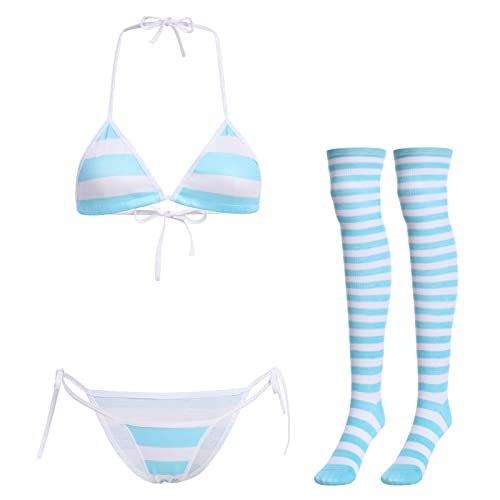 IBTOM CASTLE Women Exotic Lingerie Set Halter Spaghetti Straps Bra Crop Tops Panty Garter Belt Striped Stockings Sexy Underwear Rave Cosplay Costume - One Size - Blue-white