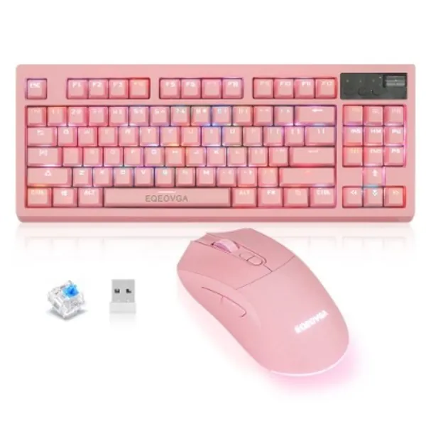 EQEOVGA K51 Wireless Gaming Keyboard and Mouse Combo, Blue Switch RGB Backlit 87 Key Mechanical Keyboard, Rechargeable 3600mAh Battery,Gaming Mouse 4000 DPI for Computers,Laptops, Desktops(Pink)