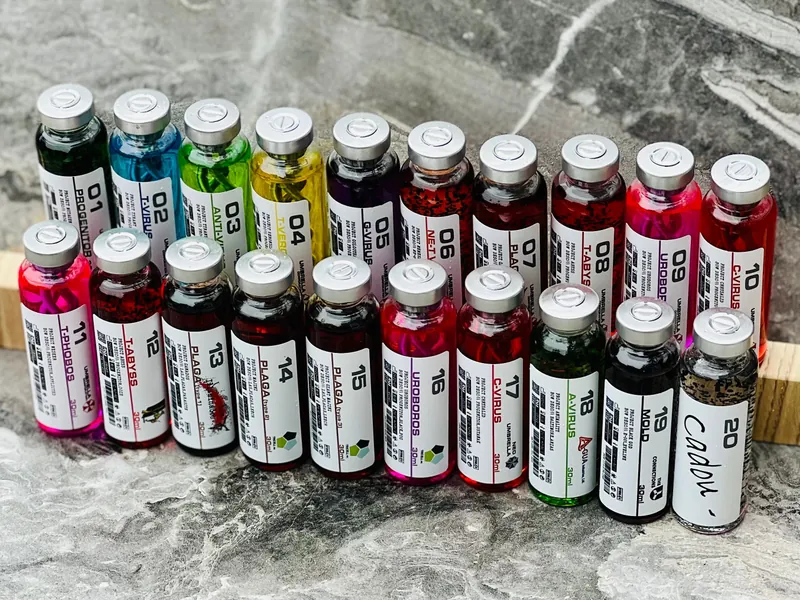 Complete Virus and Pathogen Lab Sample Vial Prop Collection (NO DISPLAY CASE) - Resident Evil / Biohazard / Umbrella Corporation