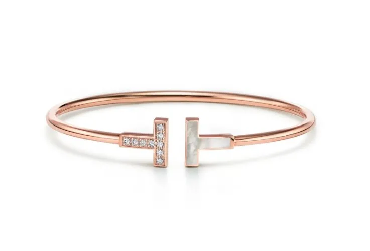 Tiffany & Co: T Wire Bracelet in Rose Gold with Diamonds and Mother-of-Pearl