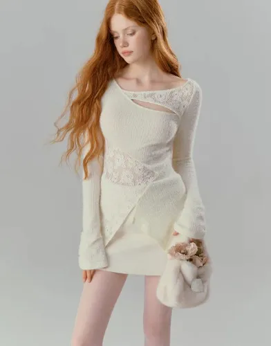 Mill Minority Asymmetric Cut-Out Knit Top With Floral Lace