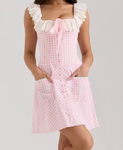 Astra Pink Gingham Cotton Ruffle Neck Mini Dress