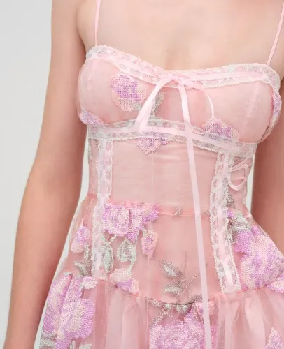 Emmeline Embroidery Ruffled Mini Dress in Pink