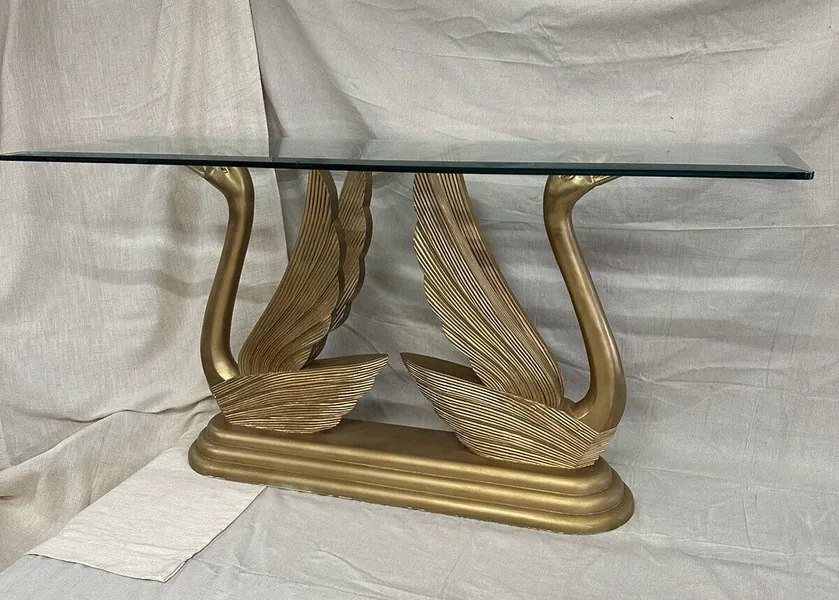 Vintage Carved Wood Regency Style 29" Swan Bird Double Pedestal Table W/ Glass