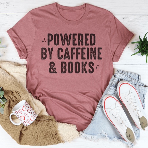 Powered By Caffeine & Books Tee - Mauve / M