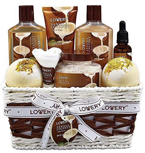 Bath and Body Gift Basket For Women and Men – 9 Piece Set of Vanilla Coconut Home Spa Set, Includes Fragrant Lotions, Extra Large Bath Bombs, Coconut Oil, Luxurious Bath Towel & More - Vanilla Coconut