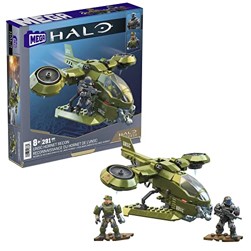 MEGA Halo Toys Vehicle Building Set for Kids, Unsc Hornet Recon Aircraft with 291 Pieces, 2 Micro Action Figures and Accessories, Gift Ideas