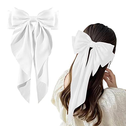 Silky Satin Bowknot Clips for Women Girls White Black Red Bow Clips Large Hair Bows Accessories for Women Girls Hair Bow Ribbons for Hair (White) - White