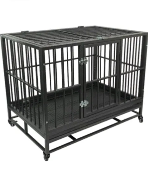 Super Heavy Duty Metal Sub Crate Cage with Roof & Wheels EASY clean sliding TRAY (X-Large 42", Black Hammered)