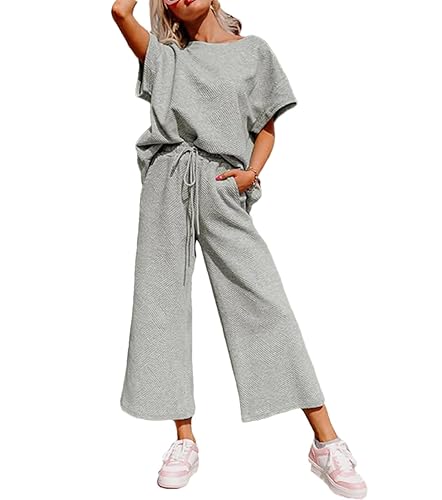 OPCAKM Women's 2 Piece Textured Sweatsuit Knit Short Sleeve Pullover Top Wide Leg Pant Tracksuit Set - Small - Gray