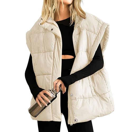 Songling Womens Oversized Puffer Vest Stand Collar Full Zip Sleeveless Bubble Puffer Vest Quilted Padded Warm Coat Outwear - Small - Beige