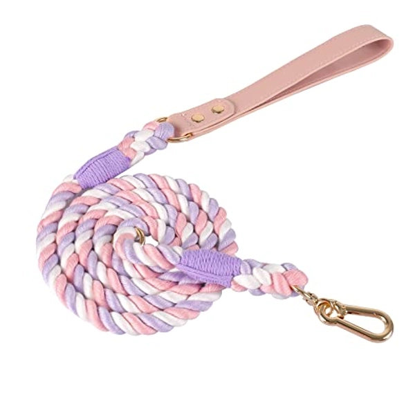 Lucky Monet 5FT Cotton Dog Leash Ombre Rope Leash Heavy Duty Braided Training Leash with Comfortable PU Leather Handle and Durable Hook Clasp for Small, Medium& Large Dogs - 5ft Leash - Pink & Purple