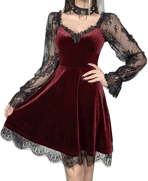 Goth Retro Court Lace Lantern Long Sleeve Hollow-Out O Neck Pure Black Temperament Velvet Midi Dress - Autumn Dress Red S