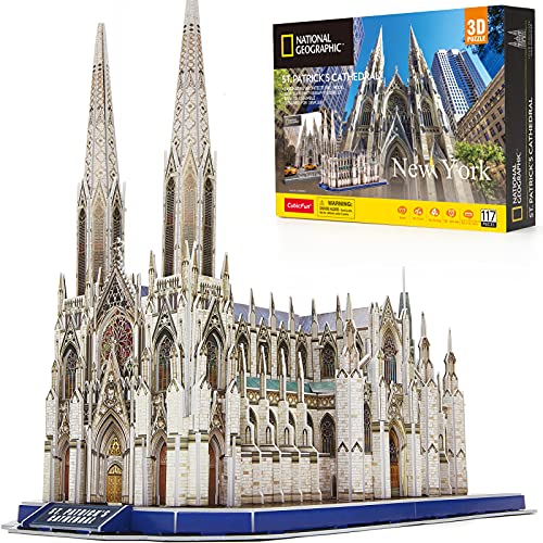CubicFun 3D Puzzles for Adults National Geographic St. Patrick's Cathedral Model Kits, New York Architecture Puzzles for Adults Desk Building Toys for Kids Ages 8+, 117 Pieces with Booklet Xmas Gifts - 1 USA | St. Patrick's Cathedral