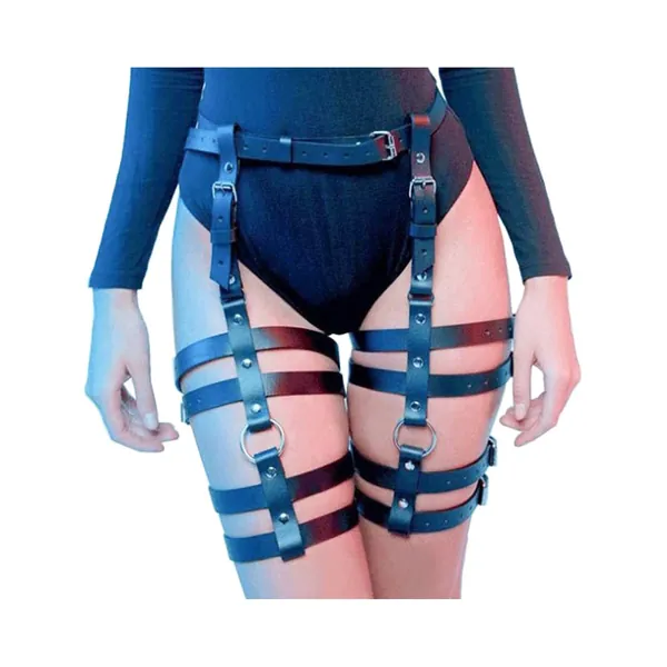Fstrend Punk Leather Body Chians Black Sexy Layered Harness Belt Waist Chain Nightclub Party Prom Rave Belly Belt Leg Thigh Jewelry Accessories for Women and Girls