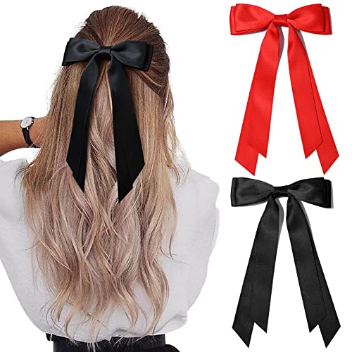 2PCS Silky Satin Hair Bows Hair Clip Black Red Hair Ribbon Ponytail Holder Accessories Slides Metal Clips Hair Bow for Women Girls Toddlers Teens Kids - Black & Red