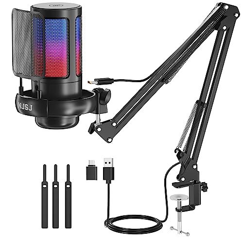 NJSJ USB Gaming Microphone Kit for PC, RGB Condenser Microphone Podcast Mic with Monitoring Jack, Quick Mute, Gain Control, Mic Boom Arm Stand for Recording Twitch Mac PS4/5 (Black-with Boom Arm) - Black-with Boom Arm