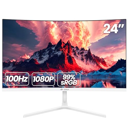 CRUA 24 Inch Curved Monitor, FHD(1920×1080p) 100HZ 99% sRGB Computer Monitors, LED Filter Blue Light 178° Wide Viewing Angle PC Monitor for Home, Office and Dormitory(HDMI, VGA)-White - 23.8inch - White 2800R FHD 100Hz