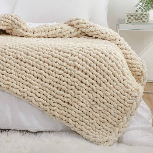 YAAPSU Chunky Knit Blanket Throw 51x63, Chenille Throw Blankets, Chunky Knitted Throw Blanket for Couch & Bed, Soft Large Knit Throw Blankets Chunky Yarn, Big Thick Cable Knit Crochet Blankets (Beige) - Beige 51x63 inch