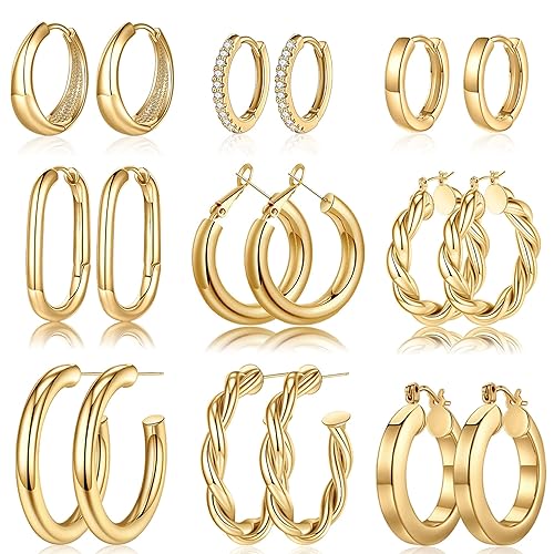 Yesteel 9 Pairs Gold Hoop Earrings for Women, 14K Real Gold Plated Chunky Hoop Earrings Set for Women Hypoallergenic Thick Lightweight Hoop Earrings for Women Gold Jewelry Gifts - Gold