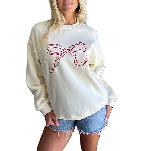 Women Cute Y2K Oversized Sweatshirt Long Sleeve Crewneck Bow Print Graphic Tees Fall Trendy Going Out Top Streetwear - A White - Large