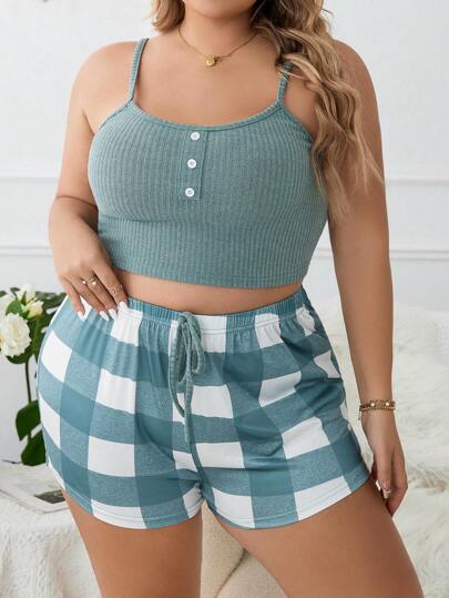 Plus Buffalo Plaid Print Knot Front PJ Set / Pajama Set