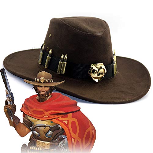 Cole Cassidy Western Cowboy Hats - Wide Brim OW McCree Cosplay Costume Accessories OW Game Anime Props Cap (Golden Badge, Chocolate)