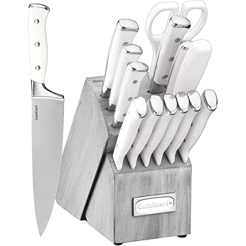 Cuisinart C77WTR-15PG Classic Forged Triple Rivet, 15-Piece Knife Set with Block, Superior High-Carbon Stainless Steel Blades for Precision and Accuracy, White/Grey - White/Grey