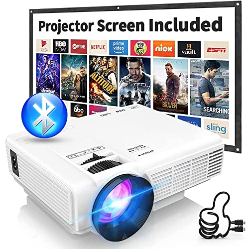 Mini Projector with Bluetooth and Projector Screen, Full HD 1080P Portable Video Projector, Home Movie Projector Compatible with HDMI,USB,Smartphone