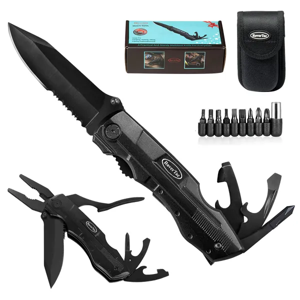 RoverTac Pocket Knife Multitool Folding Knife Tactical Survival Camping Knife with Pliers Screwdriver Bottle Opener Liner Lock Durable Sheath Gifts for Men Perfect for Camping Fishing Hiking Hunting - Black