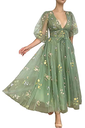 Smileven Women's Puffy Sleeve Prom Dresses Flower Embroidery Tulle Formal Evening Party Gowns - 6 - Green Half Sleeve