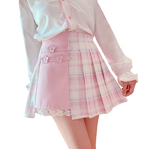 Plaid Pleated Mini Skirt Women Skorts High Waisted Tennis Skater Lolita Cute A-Line Short Skirts for Teen Girls - Medium - Pink