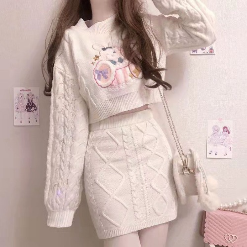 Off White Anime Harajuku Rabbit Cozy Knit Sweater & Mini Skirt Two Piece Set - Tops and skirts / one size