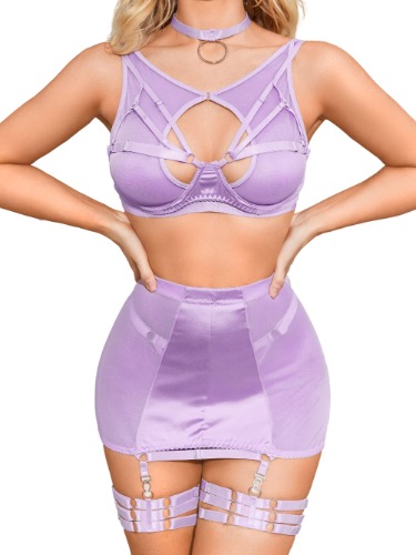 Kaei&Shi 6Pc Strappy Cutout, Sheer Stretchy High Waist Skirt Garter Set G-String - Purple 6-8