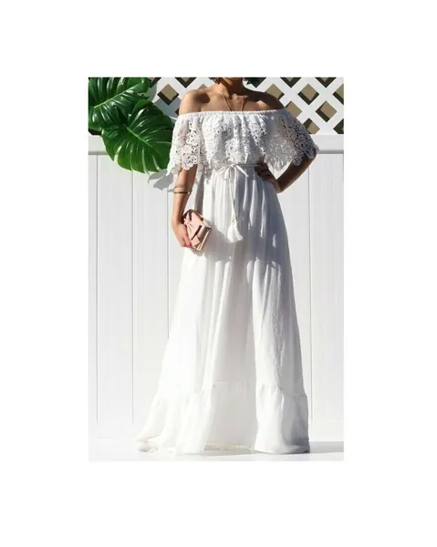 Bohemian White Crochet Lace Off Shoulder Ruffle Peasant Boho Maxi Dress Summer Vacation Wedding