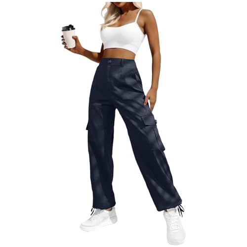 Lepunuo Women's High Waisted Cargo Pants Travel Y2K Streetwear Baggy Stretchy Pants with 6 Pockets Drawstring Ankle Cuffs - Navy Blue - Medium