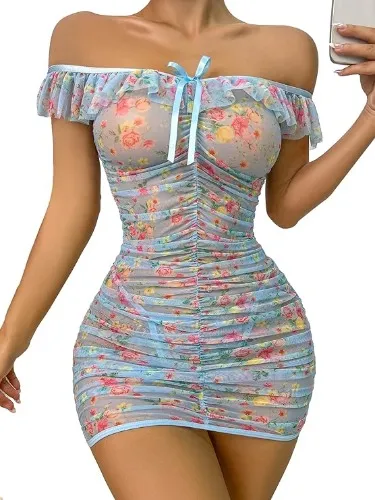 Floral Print Ruched Mesh Babydoll Lingerie
