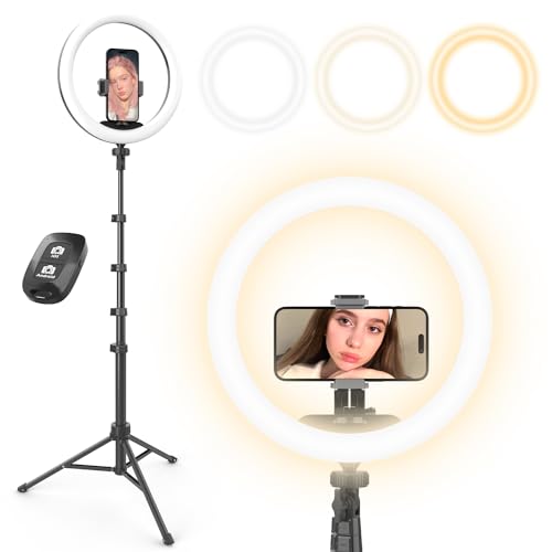UBeesize 12” Selfie Ring Light with 62” Extendable Tripod Stand & Remote, LED Circle Light with Phone Holder for Video Recording/Makeup/Content Creator (YouTube/TikTok/Twitch), Phone, Camera & Webcam - Black - 12"