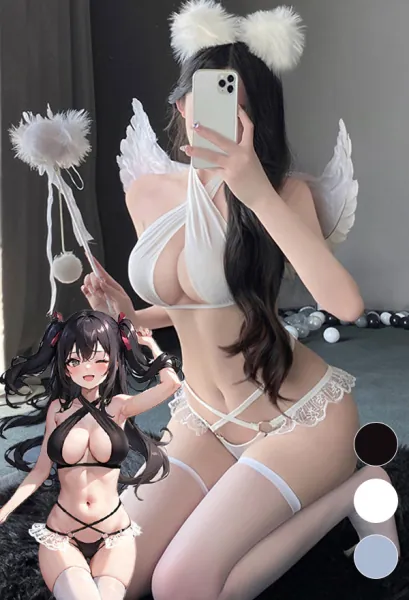 Summer Angel Sexy Lingerie Set Three-Pointed Halter Hollow Top and Ruffles Panty