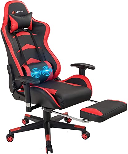 POWERSTONE Gaming Chair with Footrest Massage Ergonomic Office Computer Game Racing E-Sports Chair Lumbar Massage Pillow Footrest Headrest High-Back Leather Recliner Rolling Swivel Chair Red - Red
