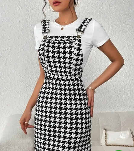 Houndstooth Print Suspender Dress, Casual Sleeveless Mini Dress For Spring & Fall, Women's Clothing