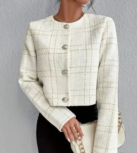 Plaid Pattern Simple Coat, Elegant Button Front Long Sleeve Outerwear, Women's Clothing