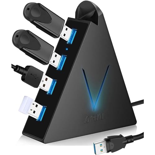 JoyReken 4-Port USB 3.0 Hub, FlyingVHUB Vertical Data USB Hub with 2 ft Extended Cable, for Mac, PC, Xbox One, PS4, PS5, iMac, Surface Pro, XPS, Laptop, Desktop, Flash Drive, Mobile HDD - 2ft - Black