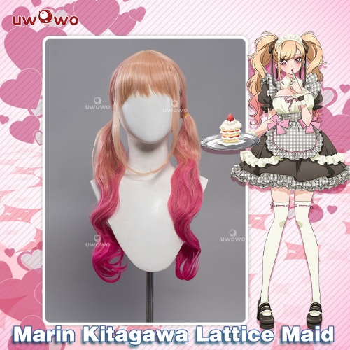 Uwowo Anime/Manga My Dress-Up Darling Marin Kitagawa Lattice Maid Cosplay Wig Gradient Glod Rose Long Hair