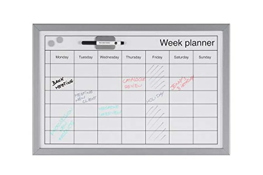Bi-Office Weekly Planner with pen, Magnetic Surface, Grey Lined MDF Frame, 60 x 40 cm