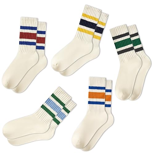 Striped Socks for Women Vintage Cotton Crew Socks Women Athletic Calf Socks Casual Retro - One Size - 5pack Black-green&black-yellow&blue-red&blue-green&blue-orange