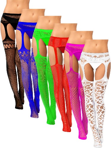 6 Pairs Women Fishnet Thigh-High Stockings Tights Suspender Pantyhose Stockings for Women Girls - Black, Blue, Green, Red, Rose Red, White 3X-Large-4X-Large