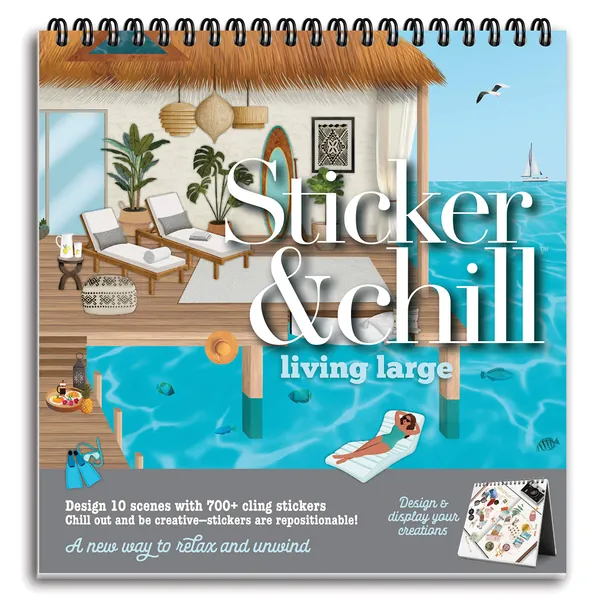 Sticker & Chill Sticker Book for Adults – 700+ Repositionable Colorful Clings Create Designs on 10 Spiral Bound Scene Pages – Easy, Fun & Stress Relieving Relaxation Activity – Living Large Series