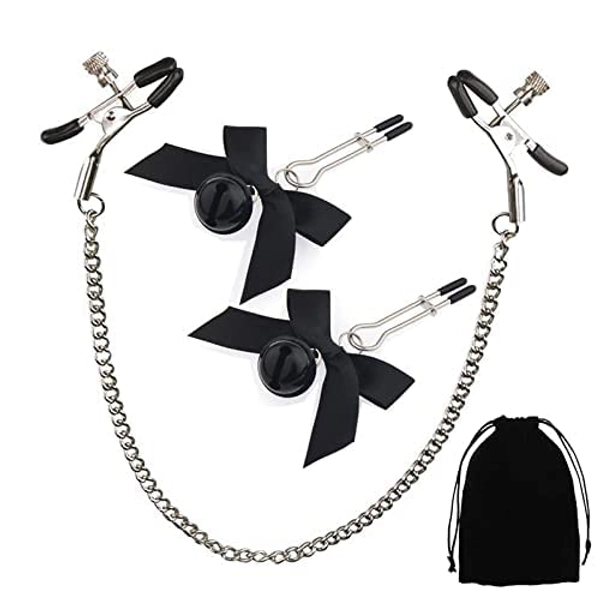 3 Pcs Nipple Clips with Velvet Bag, Bow-Knot Nipple Clamps, Nipple Clips with Chain, Non Piercing Nipple Stimulator, Nipple Clips for Women Pleasure Sex (Black)